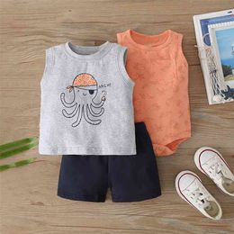 Summer Children Sets Casual Sleeveless Print Cartoon Octopus Tops Orange Rompers Black Shorts 3Pcs Girls Boys Clothes Set 210629