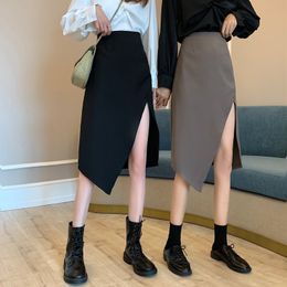 Autumn 2021 New Hong Kong Style Black Skirt Split Skirt Women's Mid-Length High Waist A- Shaped Slimming Hip Skirt 210309