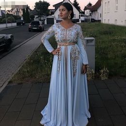 light Blue Moroccan caftan Evening Dresses V Neck long sleeves Crystal Algeria Arabic Muslim Special Occasion Dresses Party Gowns