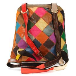 Personalised retro style backpack designer women Colour mosaic lattice pattern backpack leather schoolbag leisure shoulder bag