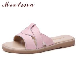 Meotina Women Shoes Slippers Summer Natural Genuine Leather Flat Shoes Fashion Open Toe Slides Lady Sandals Pink Beige Size 5-9 210608