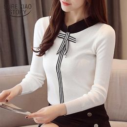 Fashion Spring Winter Elegant Korean Long Sleeve Bow Knit Sweater Women Tight Slim Splice Sweater Female White Tops 8023 50 210527