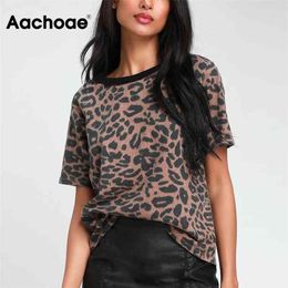 Aachoae Summer Women Leopard T Shirt O Neck Fashion Female Tshirt Short Sleeve Loose Home Ladies Tee Tops Mujer Camisetas S-XL 210623