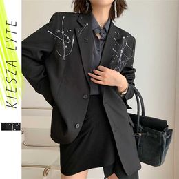 Fashion Women's Blazer Long Sleeve Niche Splash-ink Printed Casual Black French Suit Jacket Autumn 211019