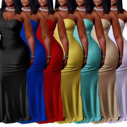 Women Long Dress Solid One Shoulder Sleeveless Asymmetrical Collar Maxi Trumpet Dresses Vintage Party Vestidos Plus Size 5XL 211116