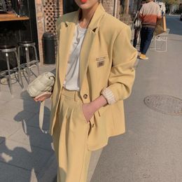 Women's Two Piece Pants Herstory Elegance Single Breasted Office Lady Work Jacket Korean Fashion Yellow Set 2 Women Blazer Wild Leg Pant Sui