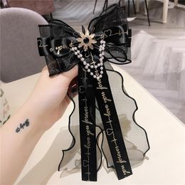 Pins, Brooches Woman Big Pin Black Letter Ribbon Lace Bowknot Corsage Pearl Fashion Bow Tie Jewelry Shirt Accessories