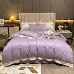 1000TC Egyptian Cotton Luxury Royal Solid Colour Bedding set Queen King size Purple Embroidery Quilt/Duvet cover Bed sheet Linen Pillowcases Best quality