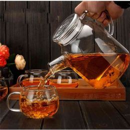 1000ml/1800ml Glass Kettle Water Jug Heat Resistant Flower Teapots with Bamboo Lid Stainless Steel Cover Clear Juice Container 210724