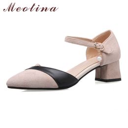 Meotina Pumps Women Mid Heel Two-Piece Shoes Pointed Toe Square Heels Buckle Strap Lady Footwear Summer Pink Apricot Size 43 210608