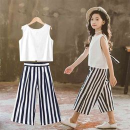 Summer Girls Outfits Teenage Sleeveless Clothing Set Solid Colour Sport Suit Children White Top + Loose Wide Leg Pants 12Year 210622