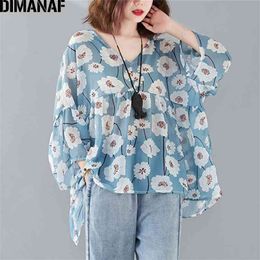 DIMANAF Plus Size Women Blouse Shirts Chiffon Summer Beach Casual Lady Tops Tunic Print Floral Loose Clothing Long Sleeve 5XL 210719