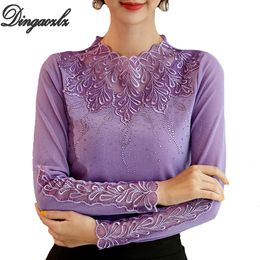 Dingaozlz M-4XL Autumn Clothes New Plus size Women T shirt Slim Long-sleeved lace Tops Patchwork Lady shirt 210310