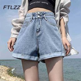 Summer Denim Shorts Women Korean Style High Waist Two Button Loose Wide Legs Jeans Female Vintage Blue Bottoms 210525