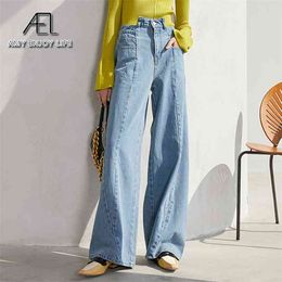 AEL Wide-Leg Jeans Woman Irregular High Waist Casual Denim Long Pants for women Washed Cotton Light Blue Fashion Streetwear 210708