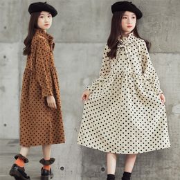 Cute Polka Dot Bow Corduroy Dresses 6 To 16 Years Kids and Teen Girls Long Style Dress Autumn Elegant Princess Dress, #9158 210303