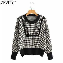 Zevity Women Vintage Contrast Color Houndstooth Print Casual Knitting Sweater Female Button Pullovers Chic Jumpers Tops S535 210603