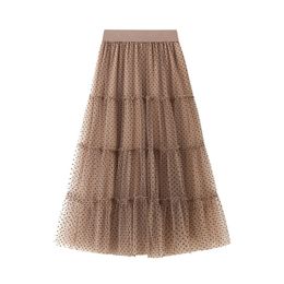 New Polka Dot Spring Summer Tulle Skirt Women Casual High Waist Mesh Pleated Skirts Female Party Beach Midi Long Maxi Skirt Lady 210309