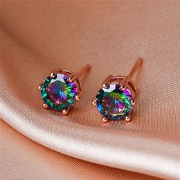 6MM Round Small Stone Rainbow Zircon Stud Earrings For Women Vintage Fashion Crystal Rose Gold/Black/Gold/Silver Color Earrings