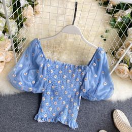 Sweet Women Puff Sleeve Blouse 2021 Summer Sexy Off Shoulder Slim Crop Tops Ladies Floral Embroidery Short Shirts Top Women's Blouses