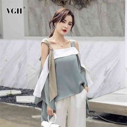 Loose Elegant Patchwork Ruffle Blouse For Women Square Collar Sleeveless Hit Colour Casual Shirt Female Fashion Clothing 210531