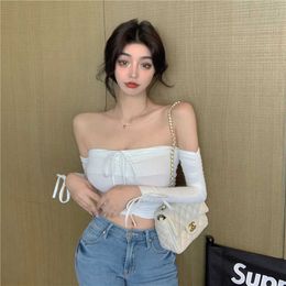 Spring and autumn long sleeve drawstring tube top short crop sexy nightclub club women black white 210604