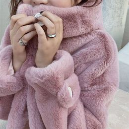 Faux Fur Coat Women Casual Korean Hoodies Furry Thick Bat Sleeved Warm Long Faux Rabbit Fur Jacket Loose Winter Coat Outwears 211019