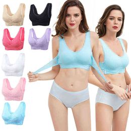 Women Comfort Bra Solid Colour Lace Front Cross Side Buckle Wireless Push Up Underwear Lingerie Breathable Sleep Sports Bra Plus 211116