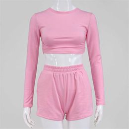 DAILOU Sexy Two Piece Set Women Backless Outfits O Neck Tracksuit Long Sleeves Slim Crop Top Shorts Casual 2 Piece Matching Sets Y0702