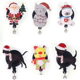 Newest Key Rings Christmas Santa Claus Snowman Dog Rhinestone Retractable Holiday ID Holder For Nurse Name Accessories Badge Reel With Alligator Clip