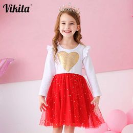 VIKITA Kids Princess Dress Children Heart Design Dress Toddlers Birthday Party Sequins Vestidos Girls Christmas New Year Clothes Q0716