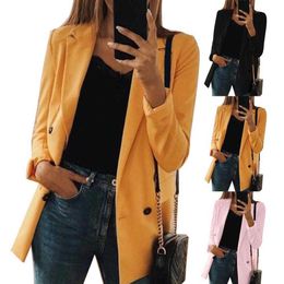 Office Ladies Notched Collar Solid Color Women Blazer Single Breasted Autumn Jacket 2020 Casual Pockets Female Suits Coat X0721