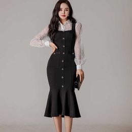 Spring Arrival Fashion Women Two Piece Set Casual Lace Blouse Top + Button Strap Bodycon Mermaid Dress Suits 210529