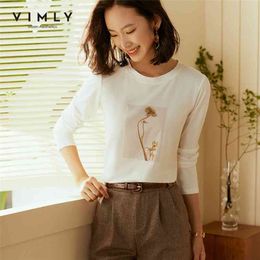 Vimly Long Sleeve Tshirts For Women Fashion O Neck Print Cotton Tops Harajuku Autumn Pullover Korean Female Casual Tshirt F5798 210623