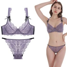 Plus Size Bra Sexy Lace Unlined Underwear Hollow 3/4 Cup Adjusted-straps Underwire A B C D DD E Cup Bra Set 32 34 36 38 40 42 44 X0526