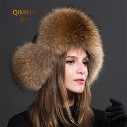 Women Natural Raccoon Fur Caps Ushanka Hats for Winter Thick Warm Ears Fashion Bomber Pom Hat Lady Real Cap Pompon 211119