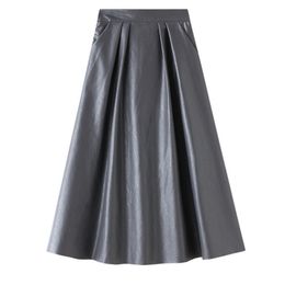 Neophil Winter PU Leather Midi Pleated Women Skirts Faux Ladies Vintage Fashion A-Line High Waist Flare Longa Saia S9102 210310