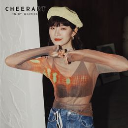 CHEERART Turtleneck Mesh Top Long Sleeve T Shirt Women Transparent Top Neon Print Basic Tshirt Summer Fashion 210302