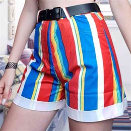 Shorts Women Stripe Contrasting Short Pants Fit Young Girls Casual High Waist Summer Vintage Ladies Rainbow 210714