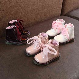 Autumn Winter Kids Shoes for Girl Snow Boots Pu Leather Little Girl Shoes Solid Colour Children Boys Ankle Boots SYJ047 211108