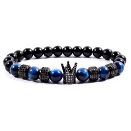 Charm Bracelets 2021 Classic Crown Tube Bracelet Men Royal Pave CZ Blue Tiger Eye Stone Strand For Jewellery Gift