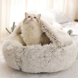 Long Plush Pet Dog Cat Bed Soft Warm Round House For Small Dogs s Nest 2 In 1 211006