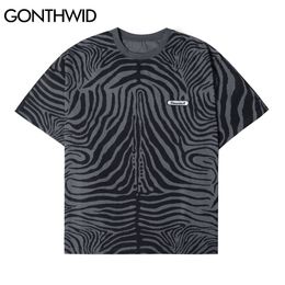GONTHWID Tshirts Streetwear Hip Hop Summer Zebra Striped Print Short Sleeve Cotton Casual Harajuku T-Shirts Loose Tees Tops Male C0315