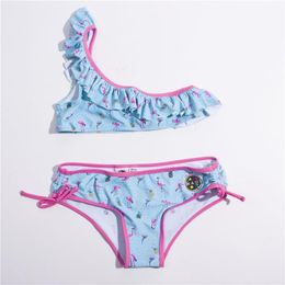 Women's Swimwear 2021 One Shoulder Bird Print Girls Bikini Set Cute Children Swimsuit Falbala Kids Biquini Baby Bathing Suit 81