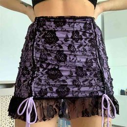 Flower Mesh Goth Y2K Skirts Womens Double Layer Lace Up Egirl Mini Skirt Dark Academia Aesthetic Vintage 90s Streetwear 210708