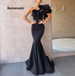 2023 Vestido De Festa Mermaid Black Prom Dresses Long One Shoulder Satin Evening Party Dresses Gala Robe De Soiree