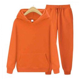 Men Women's Tracksuit Casual Hoodies Set Solid Color Fleece Hooded Sweatshirt+Pants Suit Autumn Winter Sportswear Two Piece Sets 211217