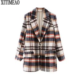 Xitimeao Women Casual Woolen Coat Blazer Office Lady Plaid Slim Garnitur Pojedynczy Placked Panie Panie Blazers 210604