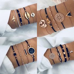 Bohemian Black Rope Chain Bracelet Set For Women aircraft Shell Moon Heart crystal Charm Bangle Boho Jewellery