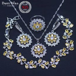 Sparking Yellow Cubic Zirconia Crystal Fashion Women Silver Color Necklace Earrings Rings Bracelets Jewelry Set H1022